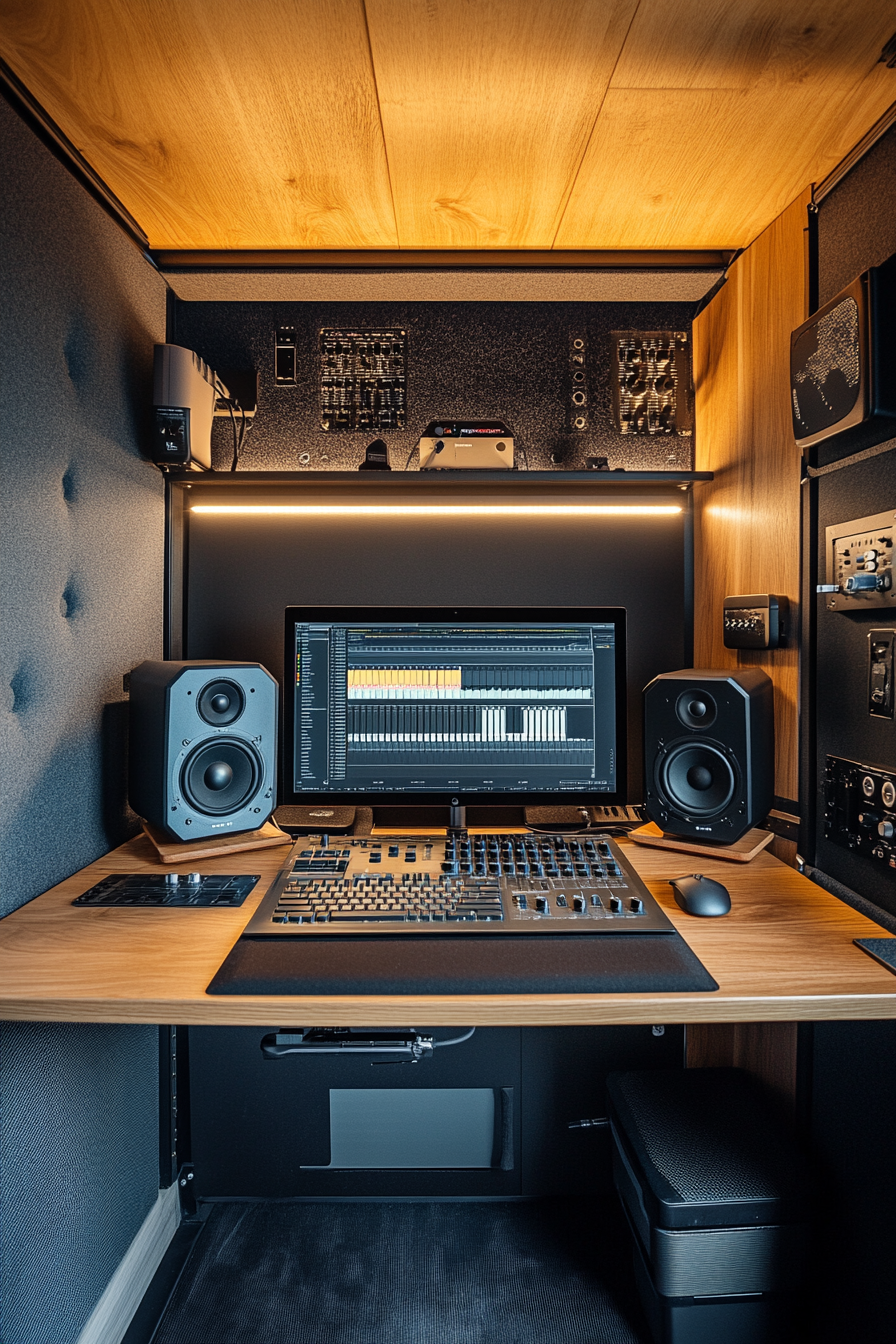 Mobile space. Minimalistic editing bay with laptop stand and audio mixer.