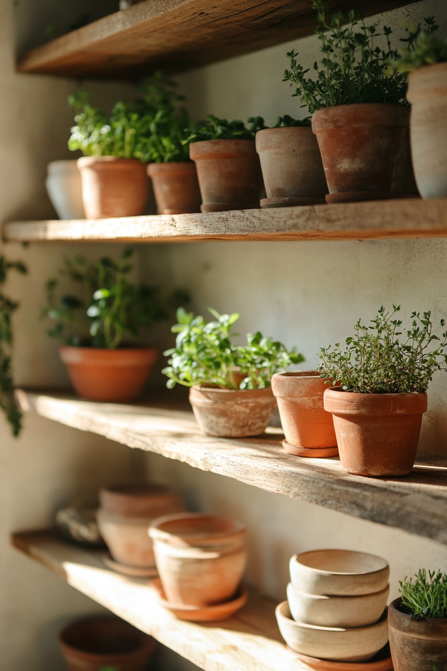 Community living space. Terracotta pots with herbs on wooden kitchen shelves.