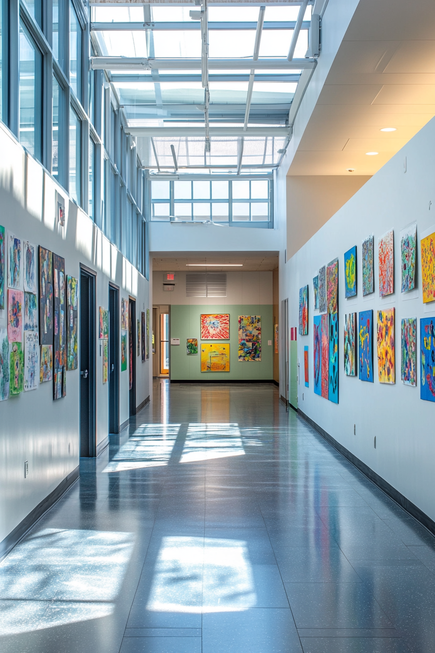 Creative learning space. Skylit gallery wall displaying student art.