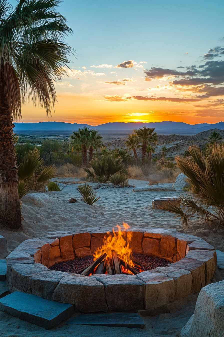 Palm Grove Space. Traditional fire pit near abundant desert spring, opening to dune views.