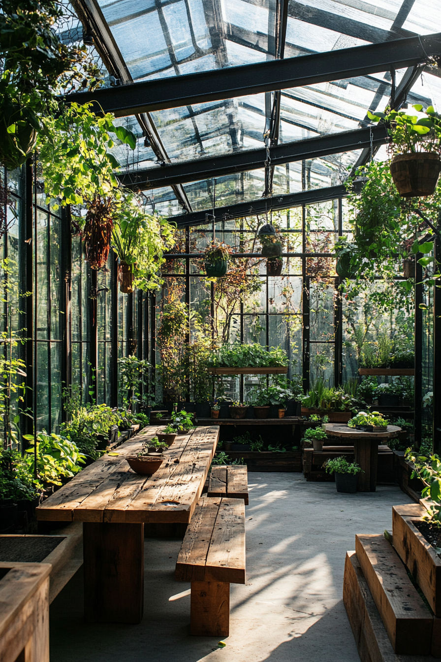 Community Living Space. Urban greenhouse adorned in verdant foliage and rustic wooden benches.