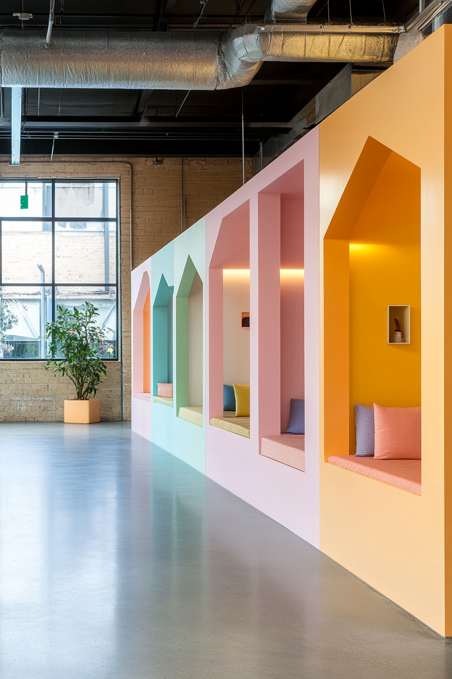 Creative community space. Walls painted pastel with studio pod structures.