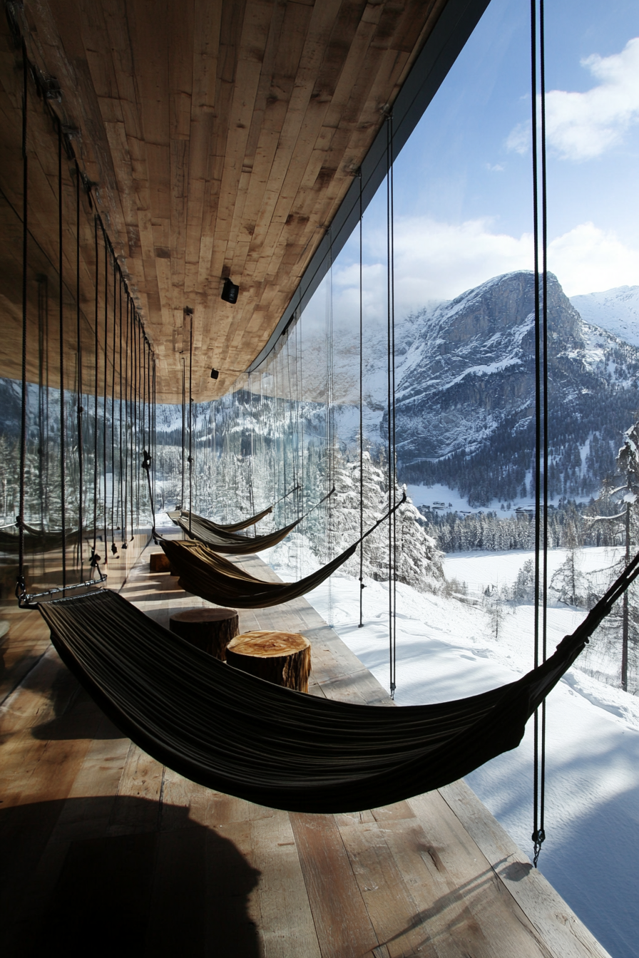 Alpine Mobile Space. Glass-walled recreational area with hanging hammocks.