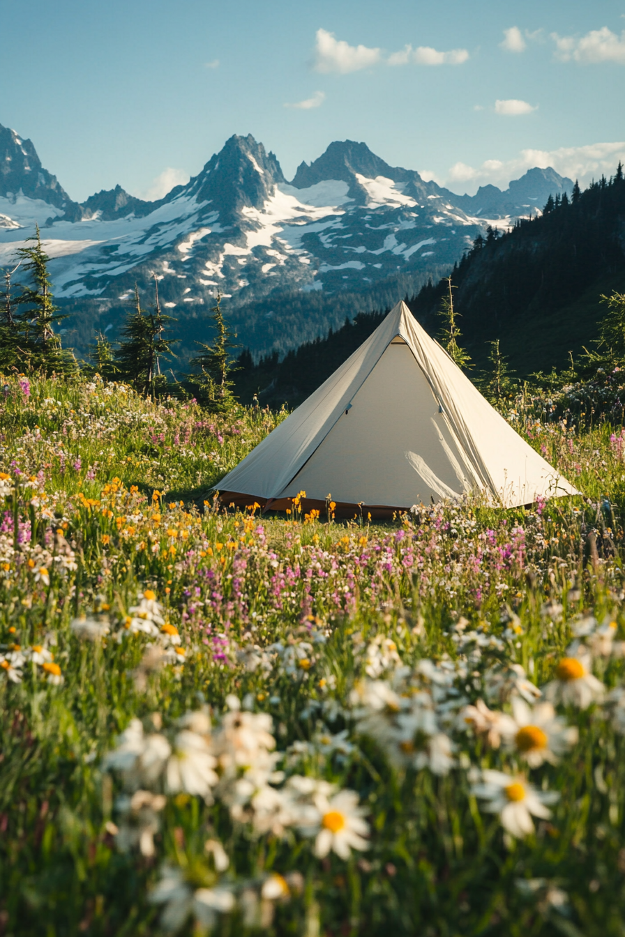 Highland site. Wind-protected tent pad amidst wildflowers, overviewing mountain peaks.