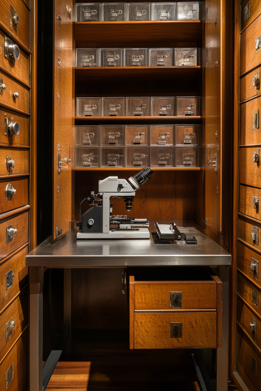 Mobile Research Space. Wall-mounted microscope with silver desk beneath, wooden specimen cabinets.