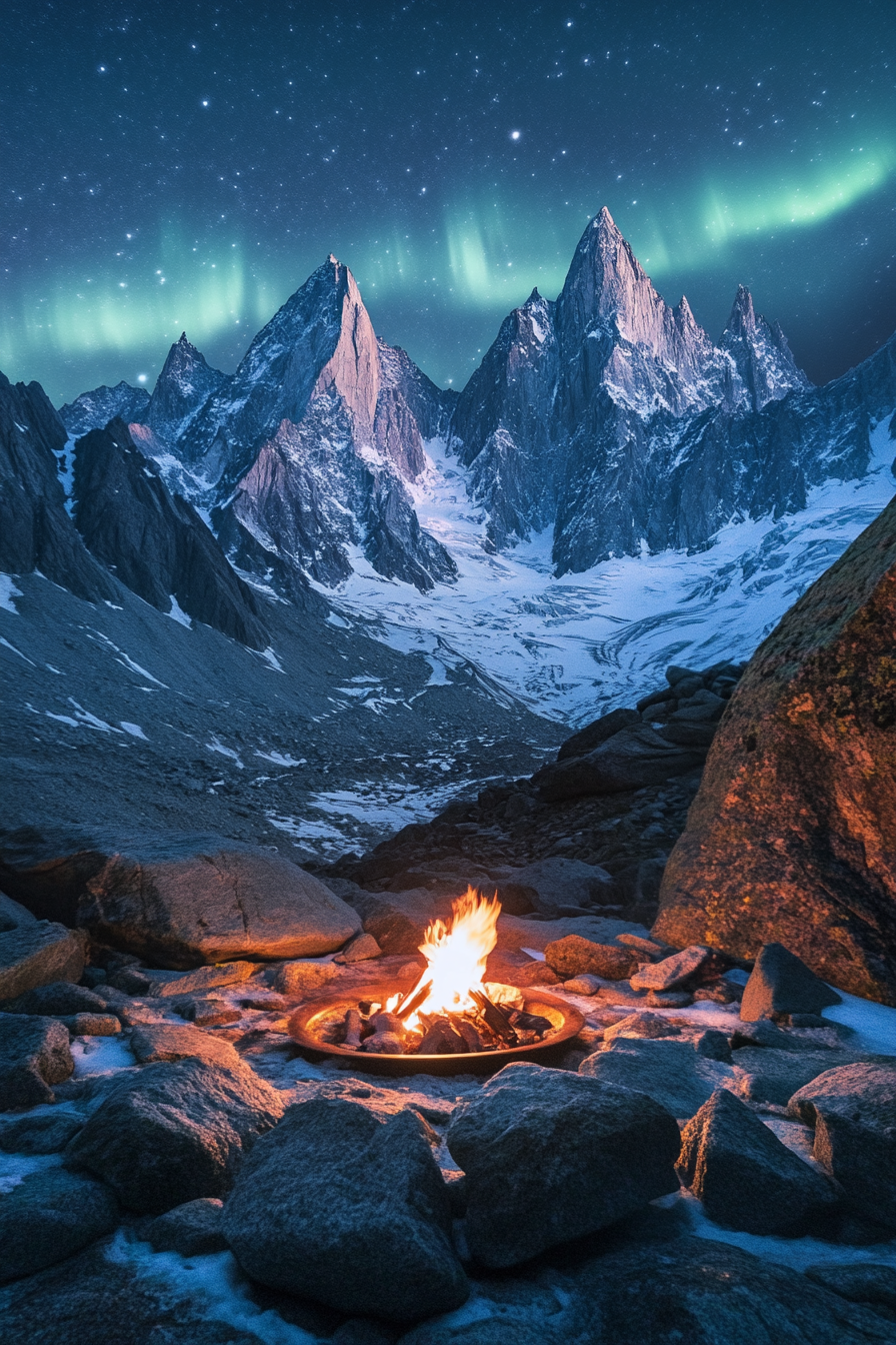 High Alpine Site. Cozy fire pit framed by towering rocky peaks under star-lit aurora.