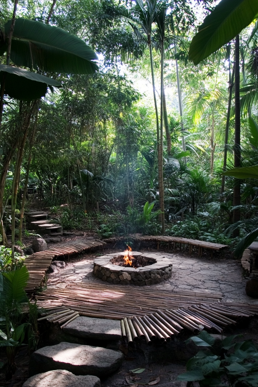 Jungle clearing space. Elevated bamboo platforms, central stone fire pit, peacock viewing area.