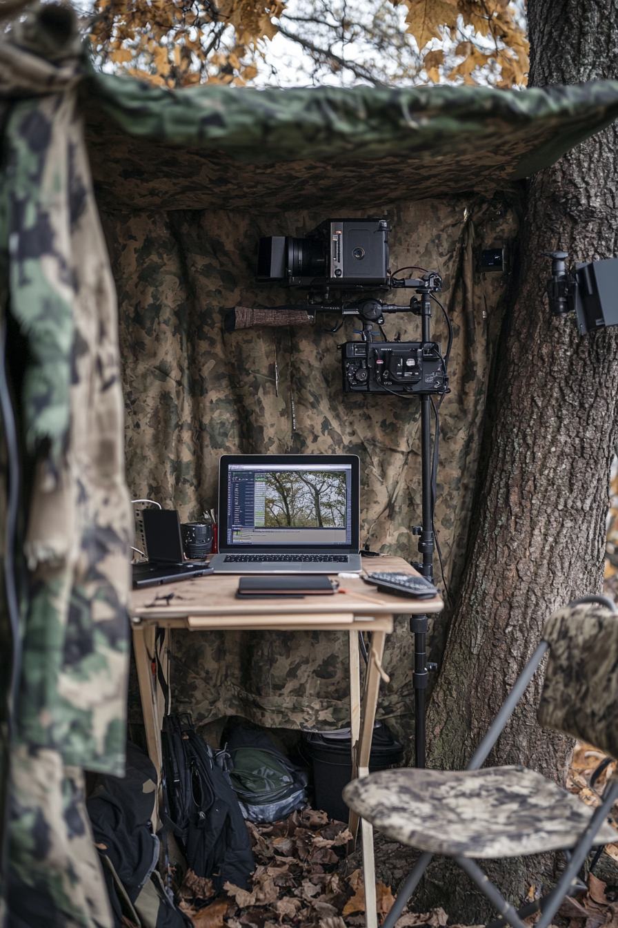Nature observation space. Oak tree camera mount, camouflage blind, laptop editing station.