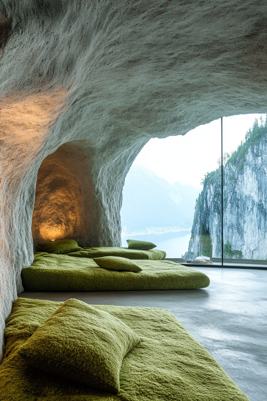 Wellness space. Mountain-view meditation cave with cool-toned moss cushions.