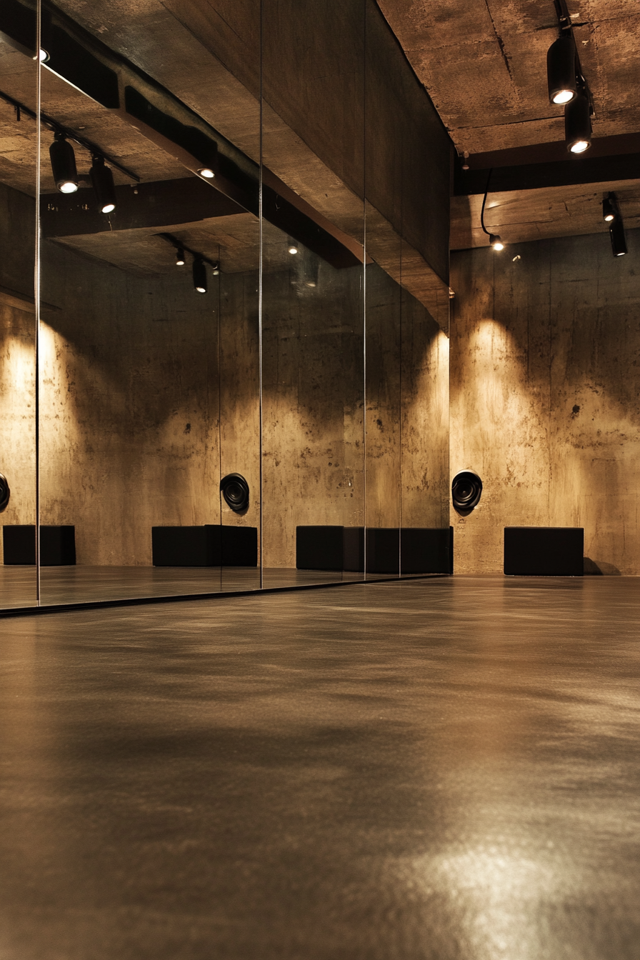 Movement Practice Space. Sprung floor with suede finish, mirrored wall and surround sound speakers.