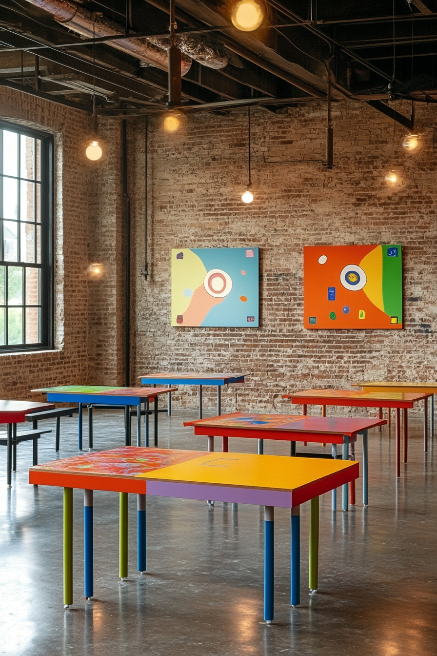 Community learning space. L-shaped arrangement of colorful tables within exposed-brick art center.