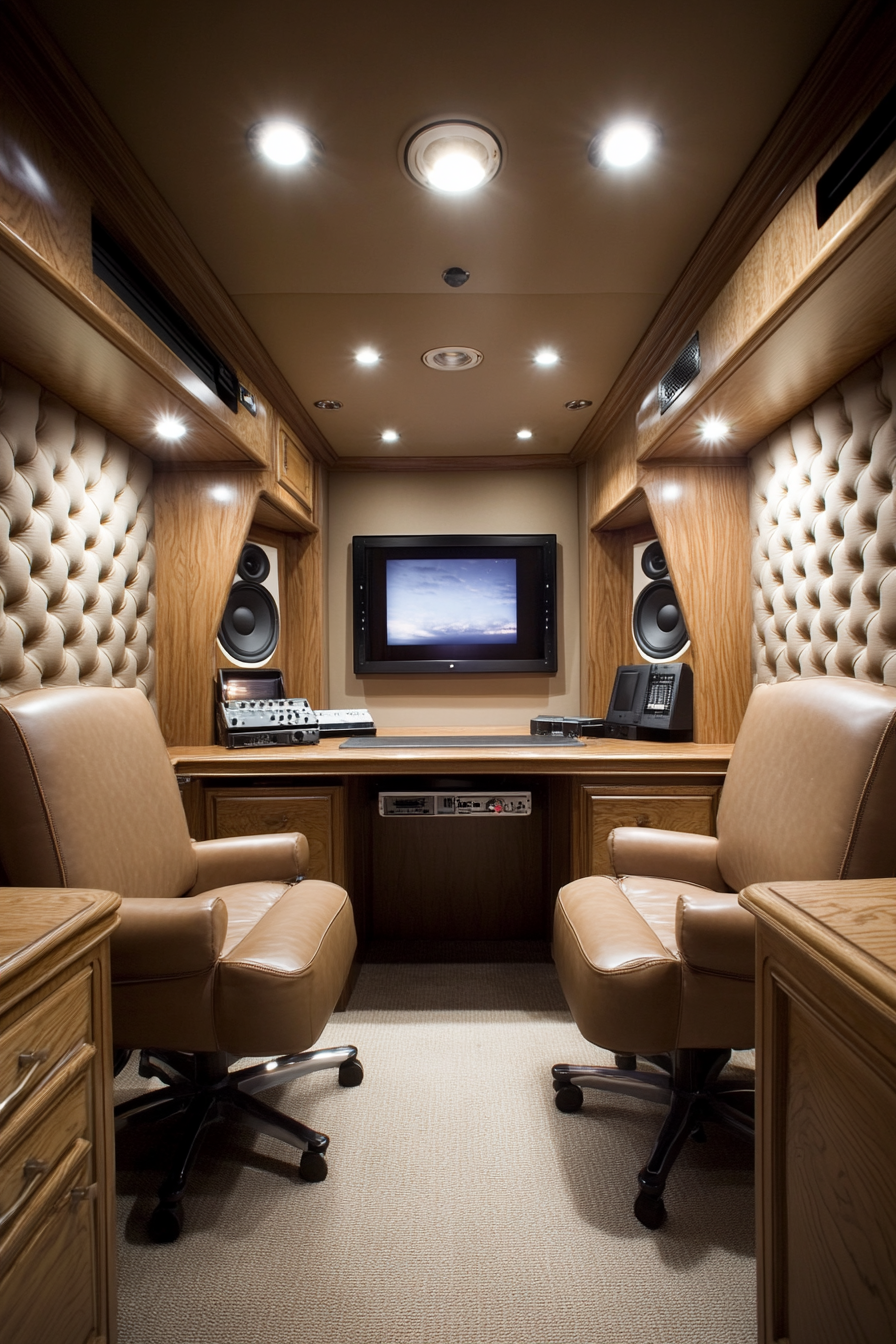 Mobile recording space. Padded walls, oak desk, plush leather guest seats.
