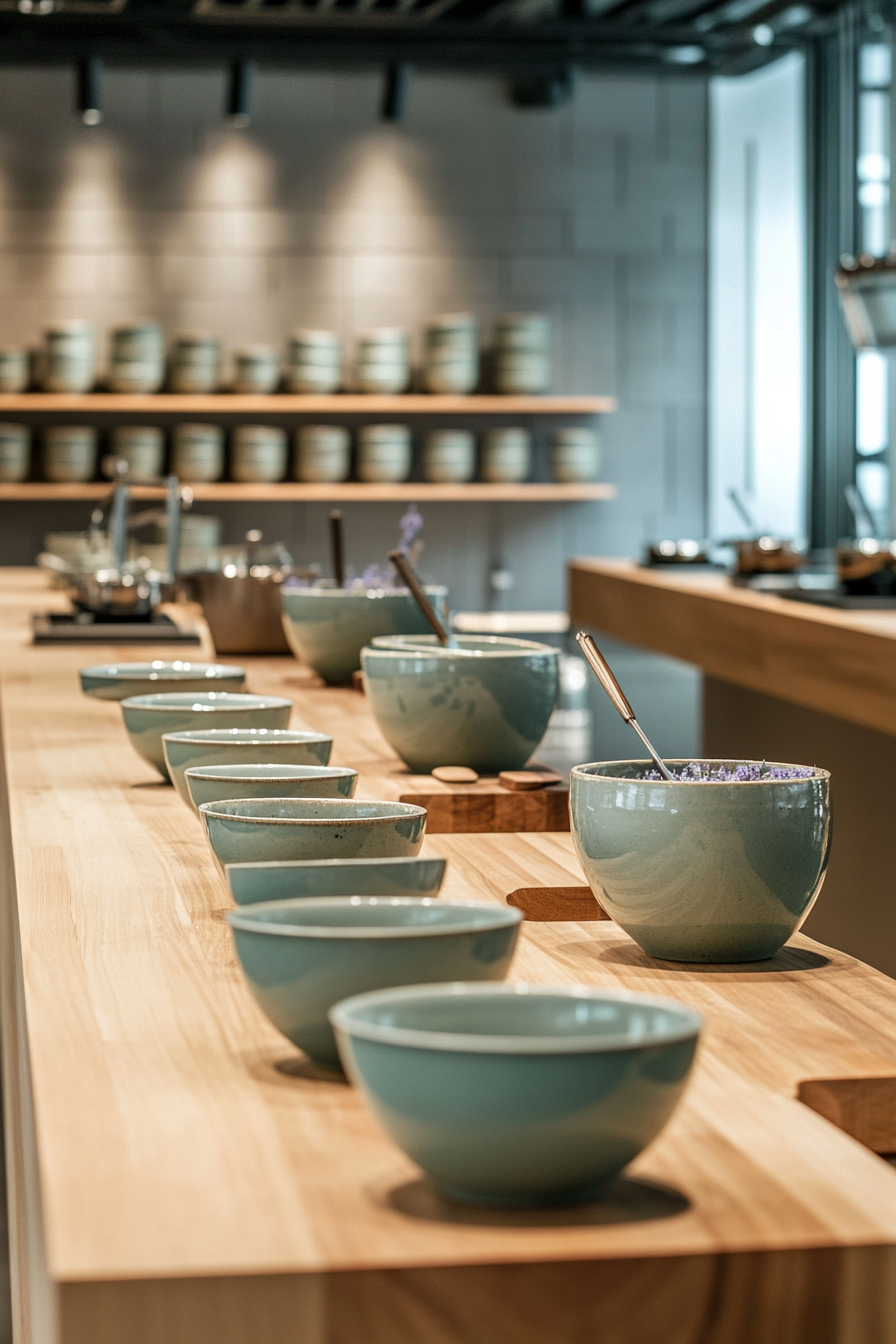 Social cooking space. Elmwood chopping blocks with seafoam ceramic bowls, lavender aromatics.