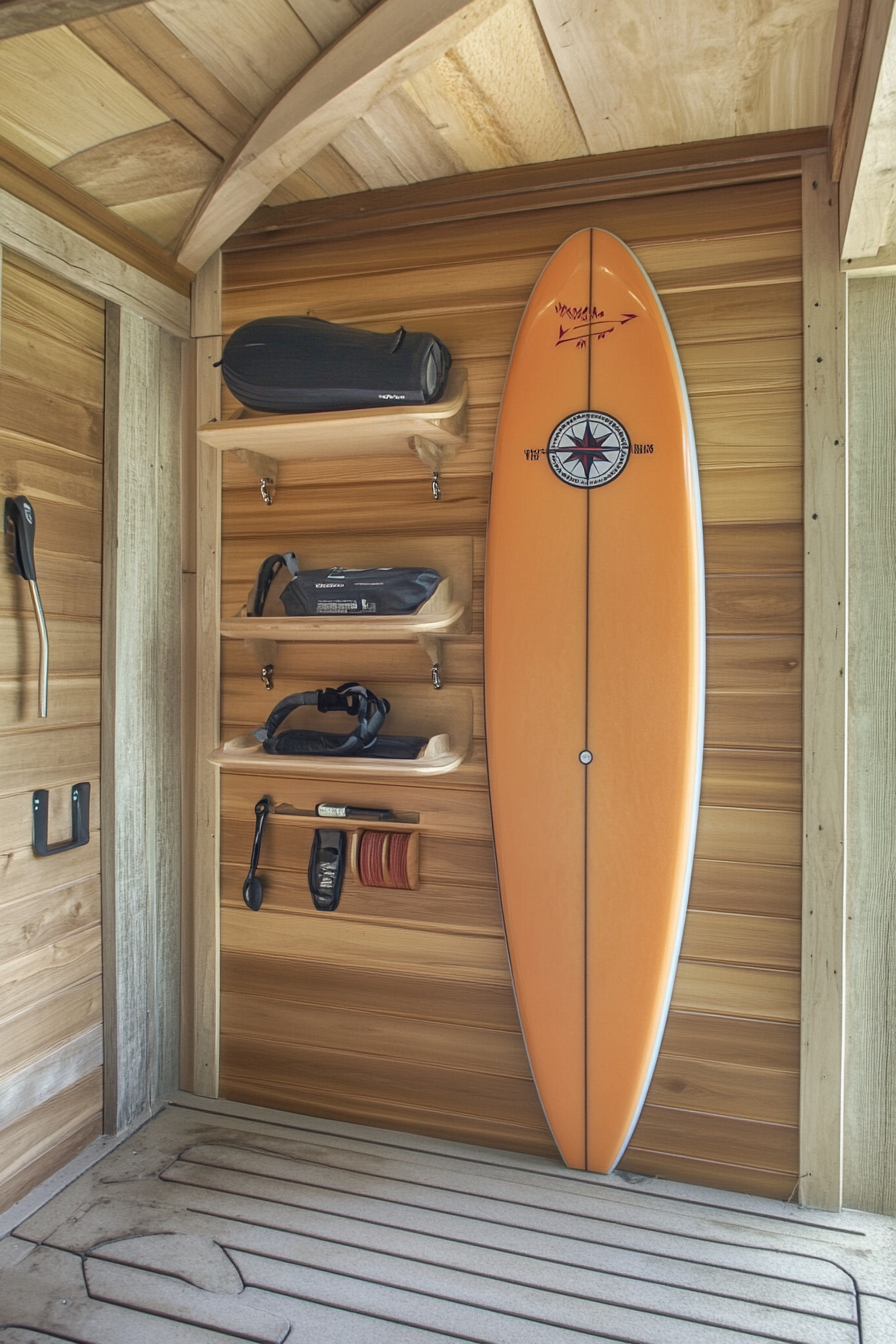 Water adventure space. Wall-mounted surfboard rack, compass, durable first aid kit.