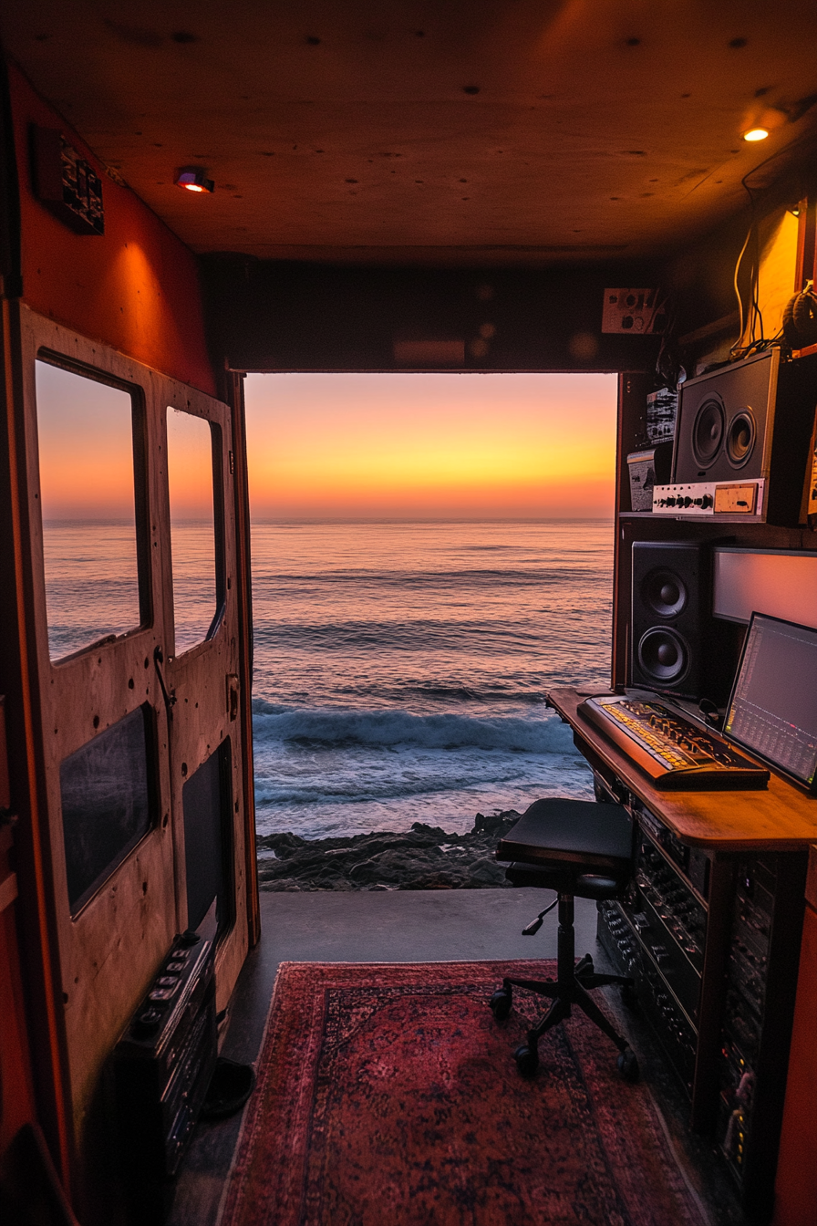 Mobile Studio Space. Compact recording booth facing ocean sunset.