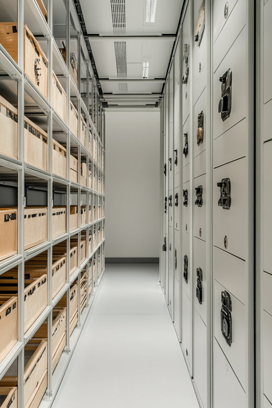 Research mobile space. Overhead storage cabinets with sectional locks, labelled artifact trays.