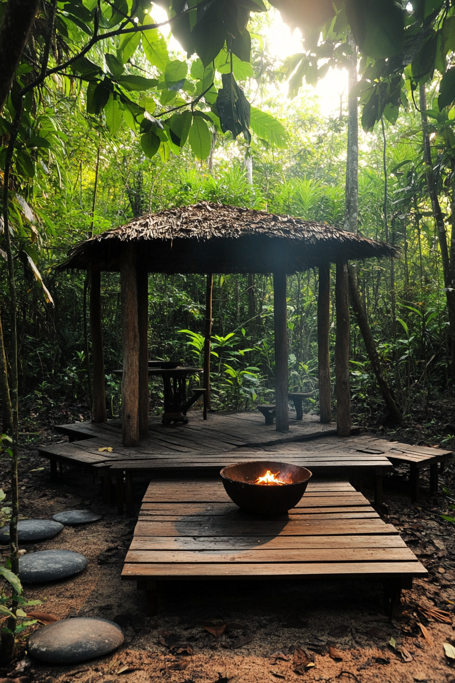 Jungle clearing space. Tall wooden platforms, neatly positioned around a roofed fire pit.