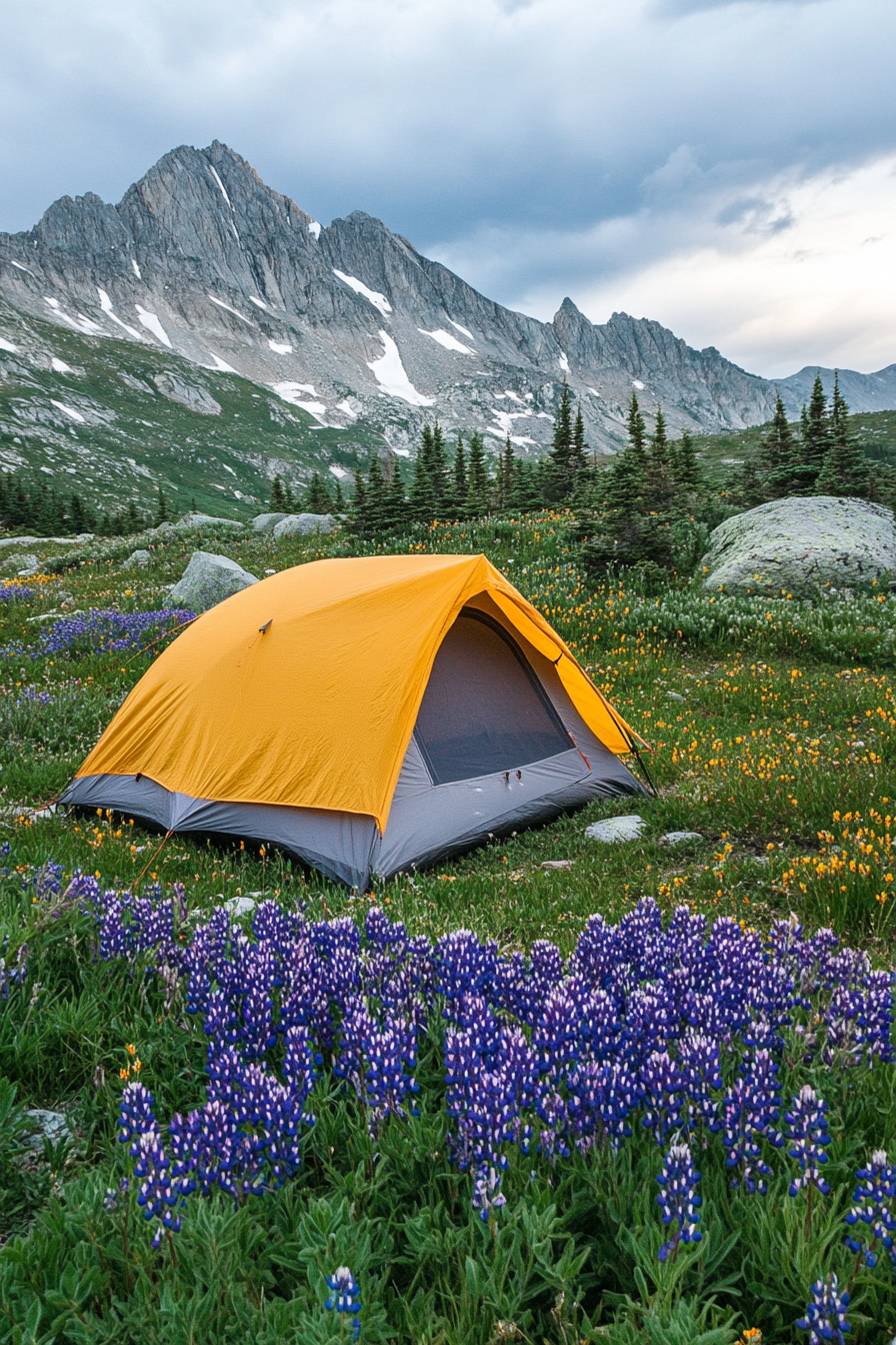 Highland site. Indigo wildflowers, gray wind-protected tent pad, unobstructed peak panorama.