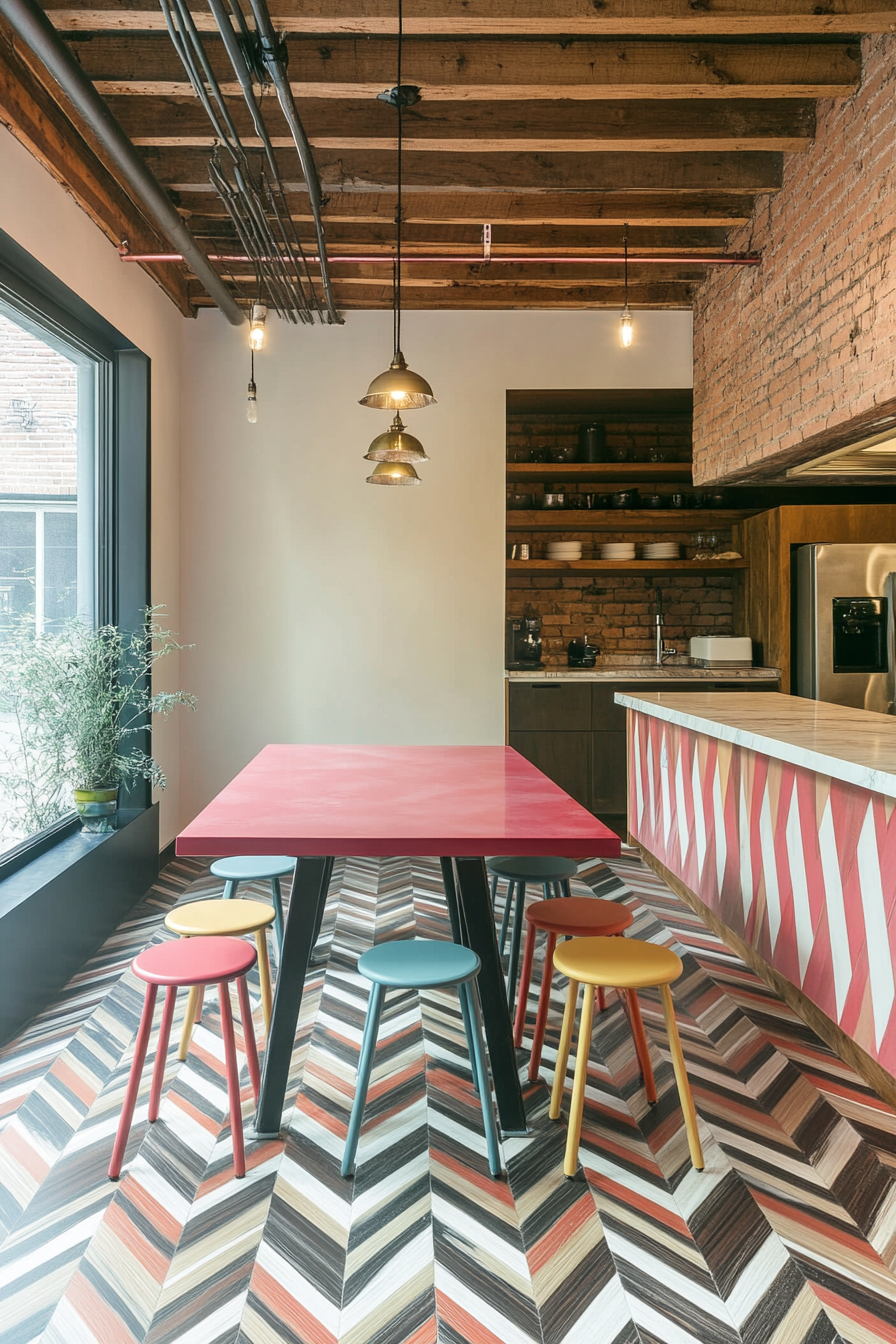 Social cooking space. Wine red communal table with chevron-patterned floor and multicolor stools.
