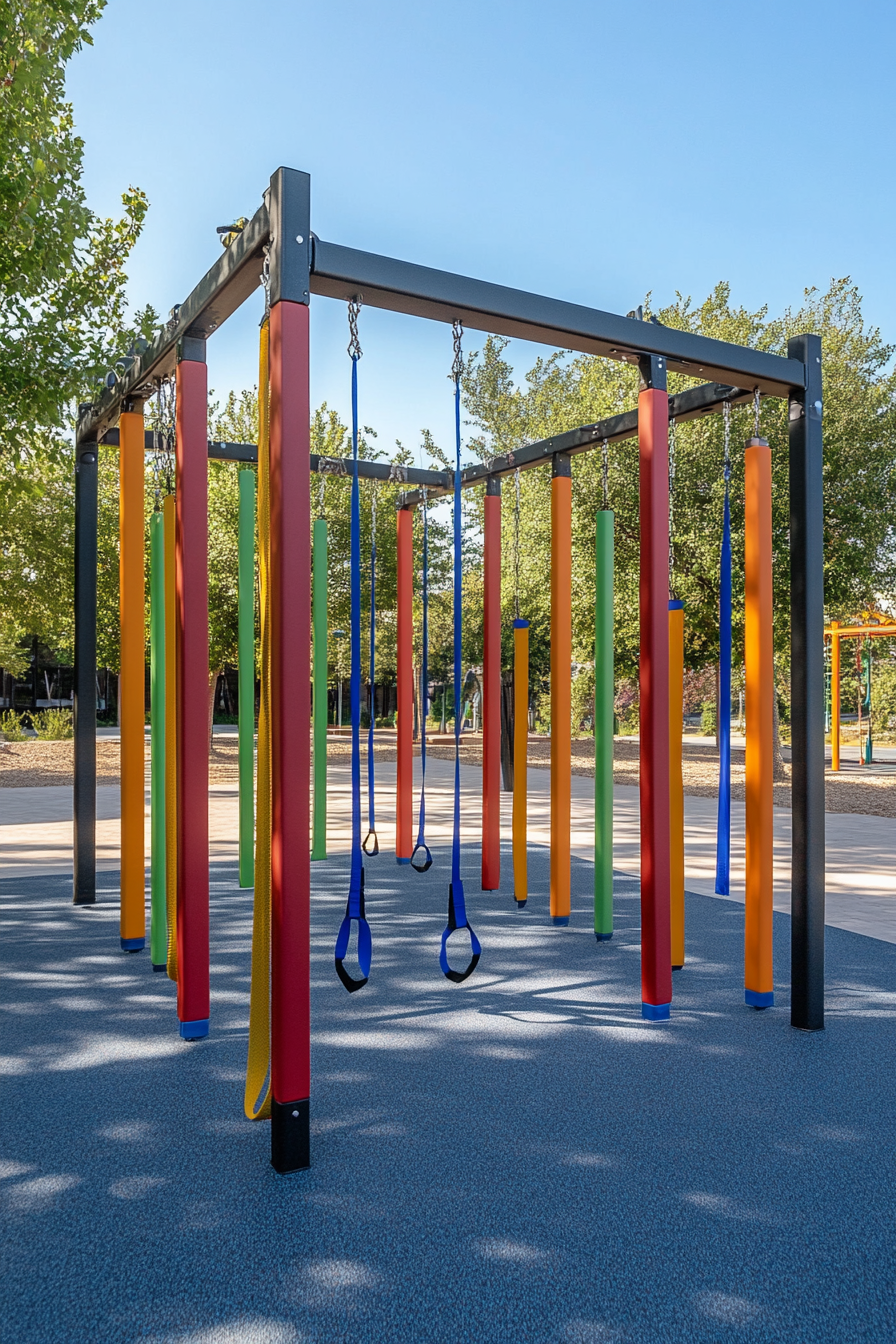 Fitness Community Space. Outdoor gym with colorful resistance bands.