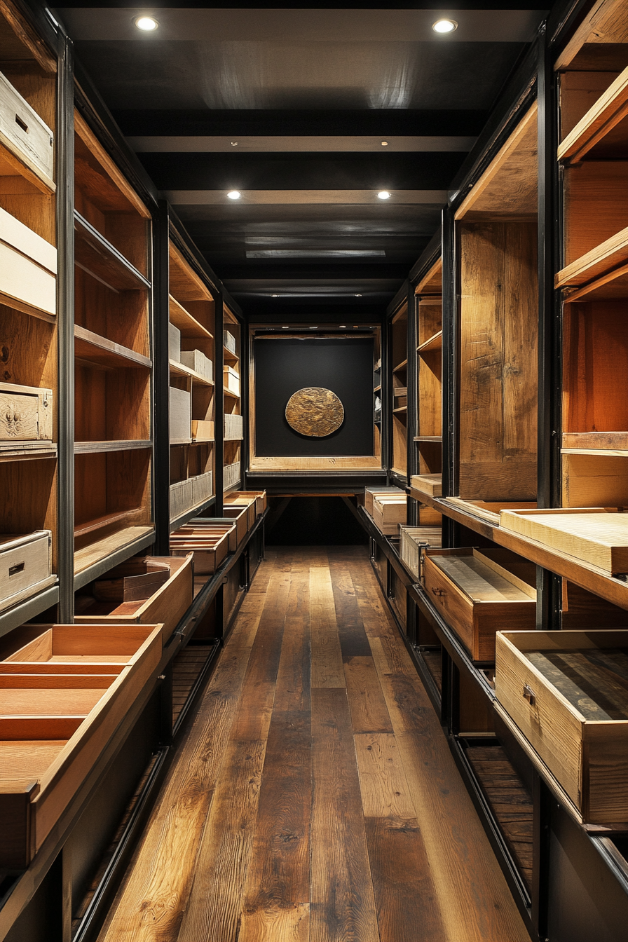 Research Mobile Space. Conservation area with neatly, compartmentalized artifact drawers.