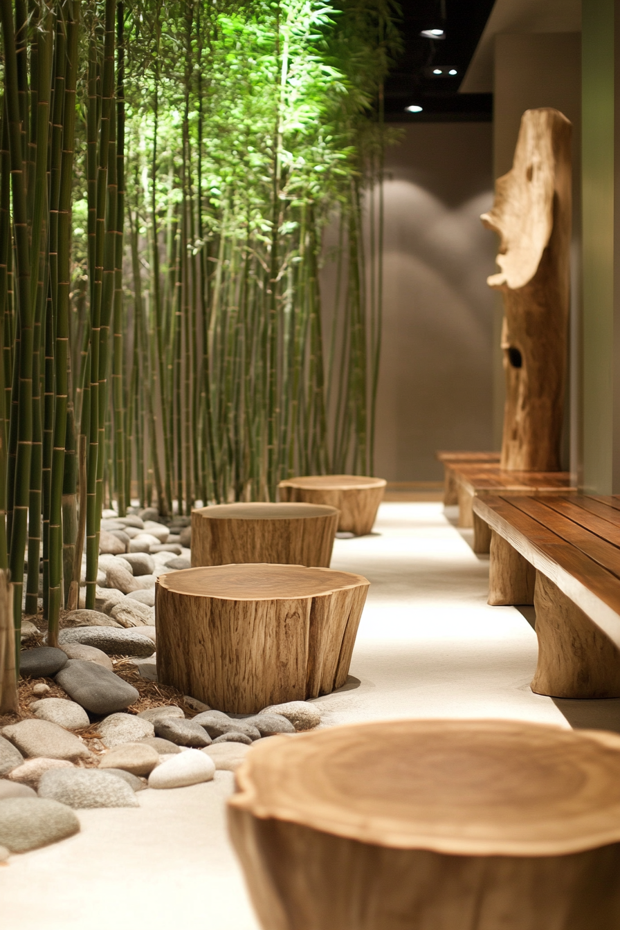 Wellness escape space. Indoor bamboo grove with teak meditation stools.