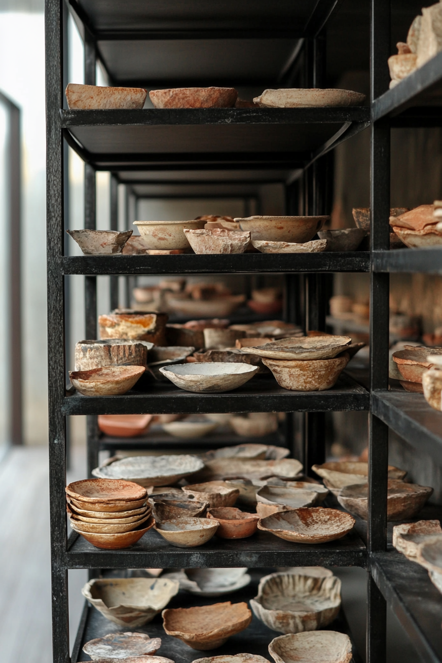 Mobile research space. Black metal shelf stacked with archaeological pottery shards.