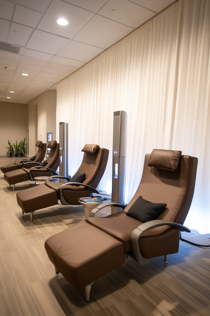 Event support space. Comfortable recliner chairs arranged near gleaming charging stations.