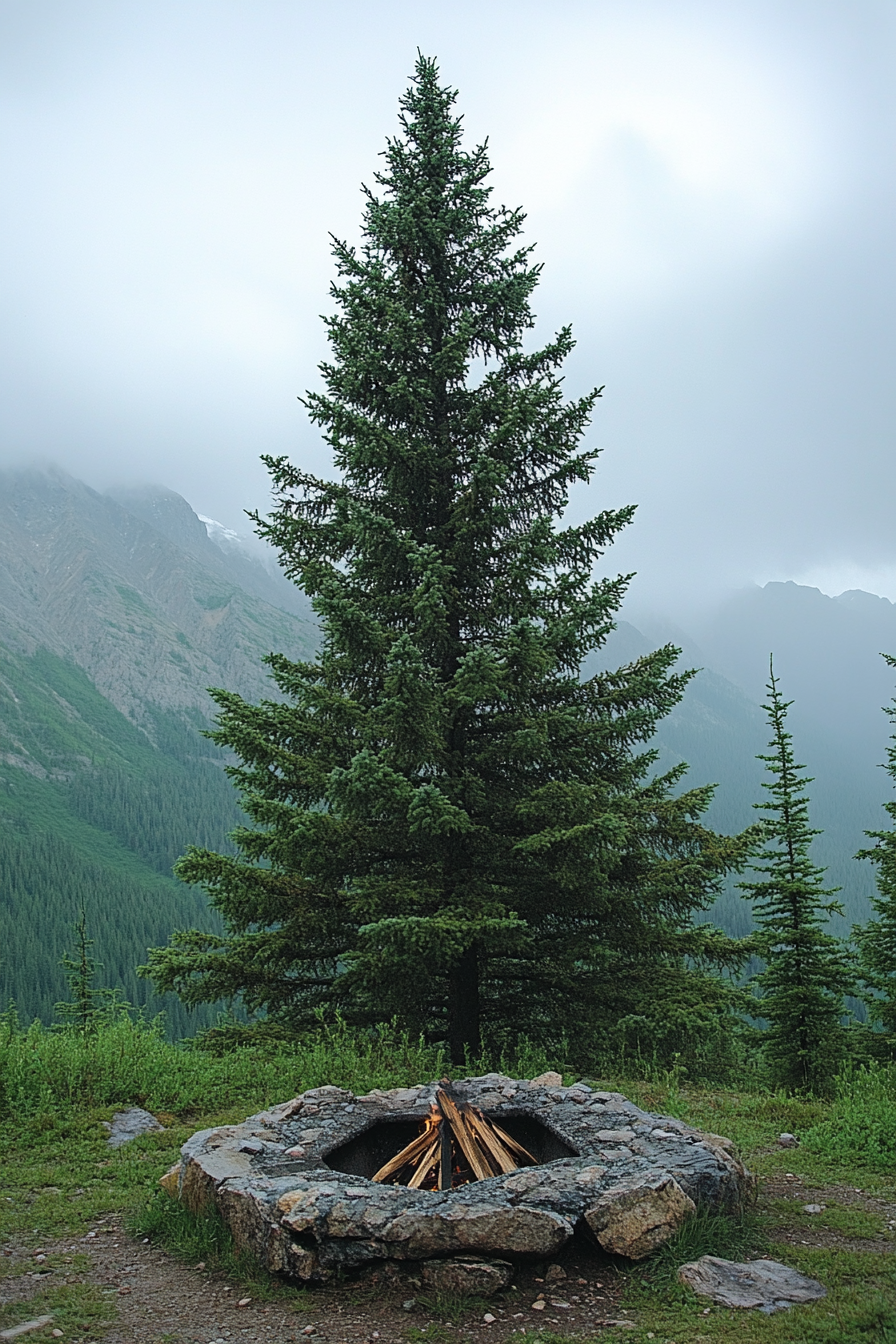 High Alpine site. Wind-protected fire pit directly adjacent to a tall spruce tree.