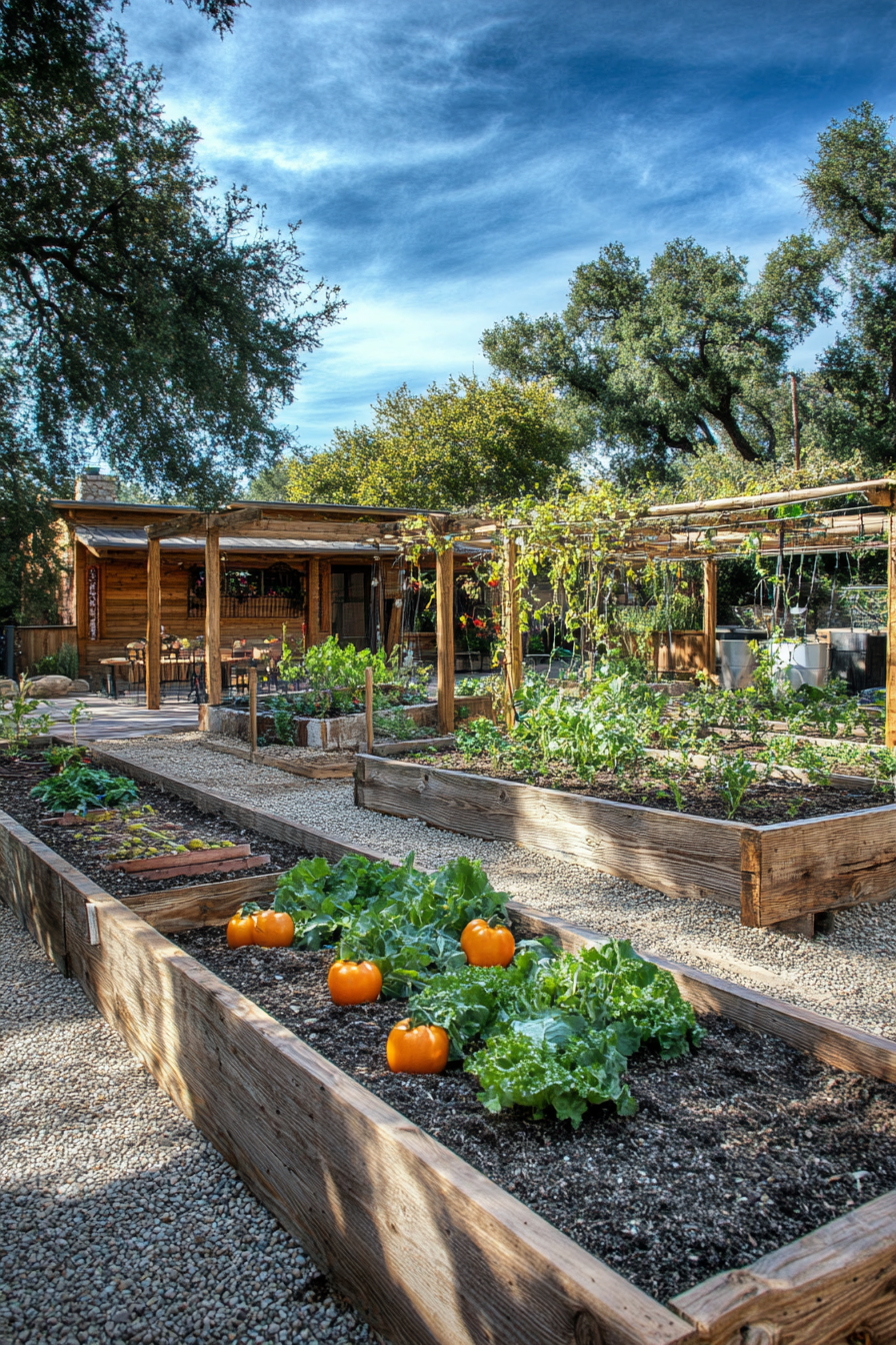 Community living space. Raised bed vegetable garden bordered by willow trellis.