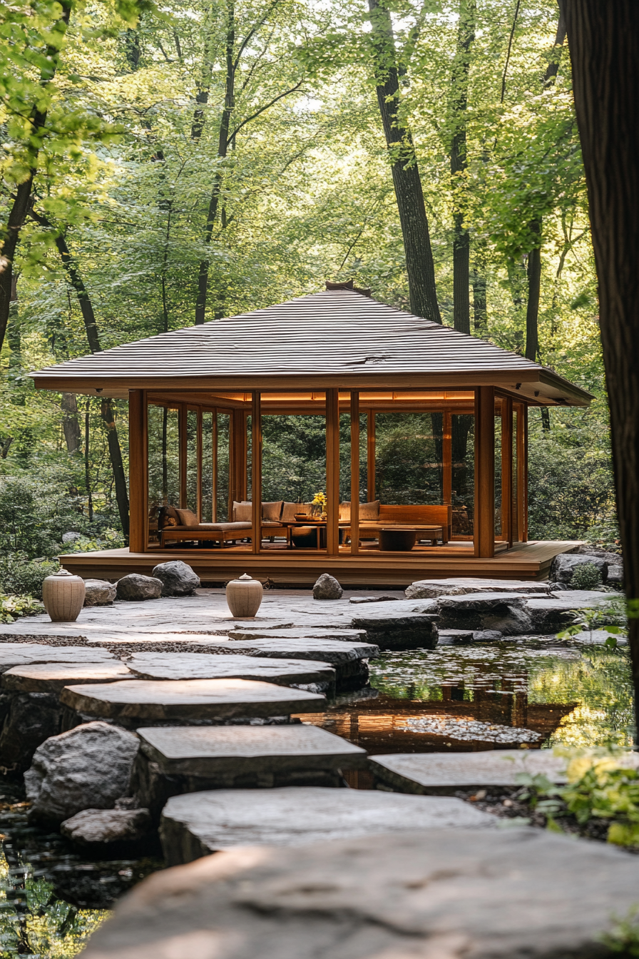 Wellness escape space. Pavilion in forest with traditional tea ceremony setup.