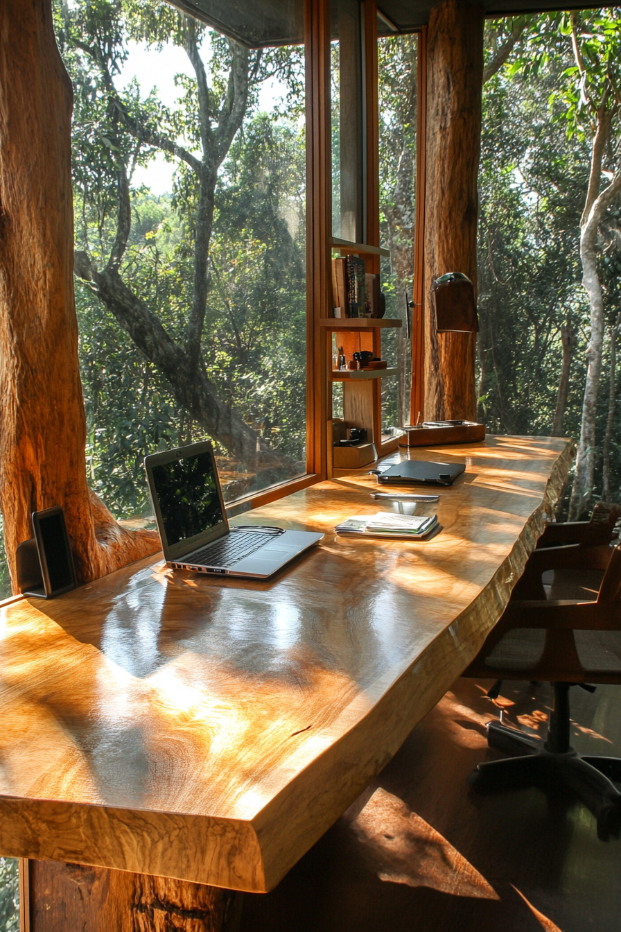Nature Observation Space. Natural wood desk with built-in DSLR camera mounts.