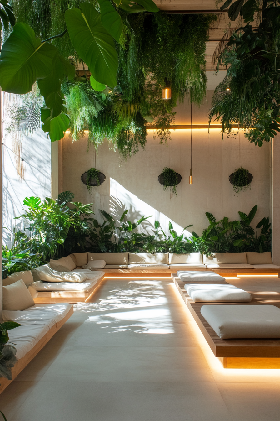 Community Living Space. Meditation area incorporated with lush green plants.