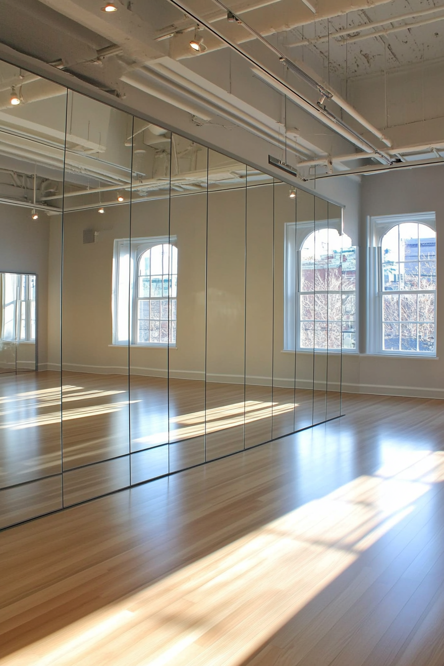 Movement practice space. Mirrored wall, sprung floor, and surround system.