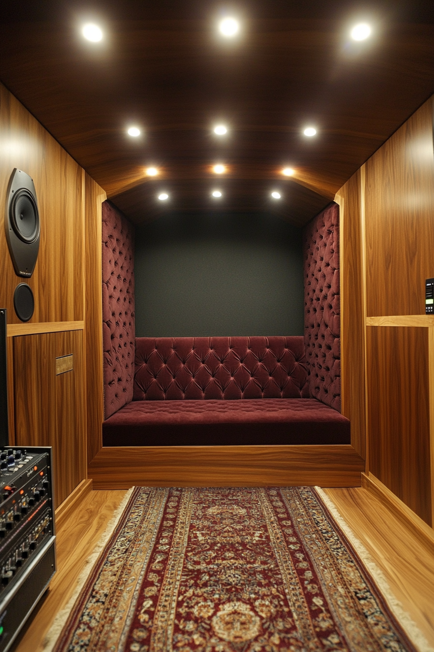 Mobile Recording Space. Wooden sound proof booth, velvet couch, sound mixer deck.