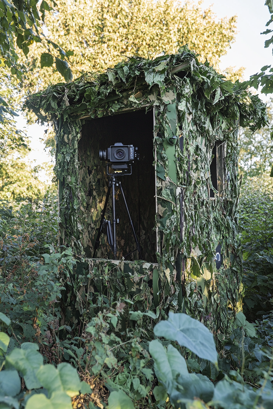 Nature Observation Space. Photography hide with integrated camera mounts and camouflaged tarpaulin.