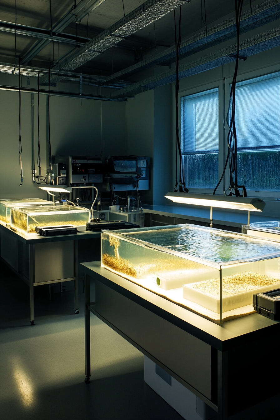 Coastal Research Space. Wet lab with illuminated seawater aquariums.