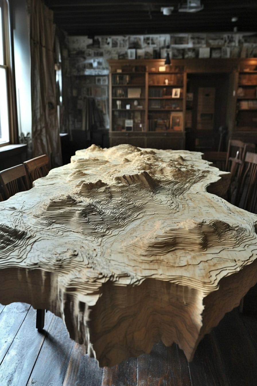 Mountain community space. 3D topographical table in map room.