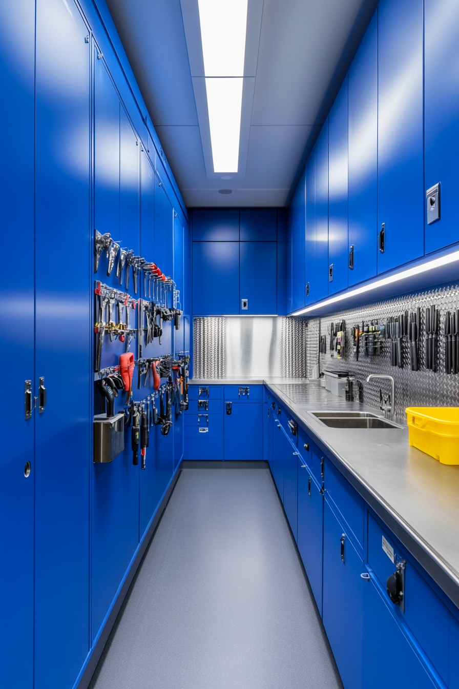 Technical Support Space. Blue tool walls with labeled parts inventory and metallic wash station.