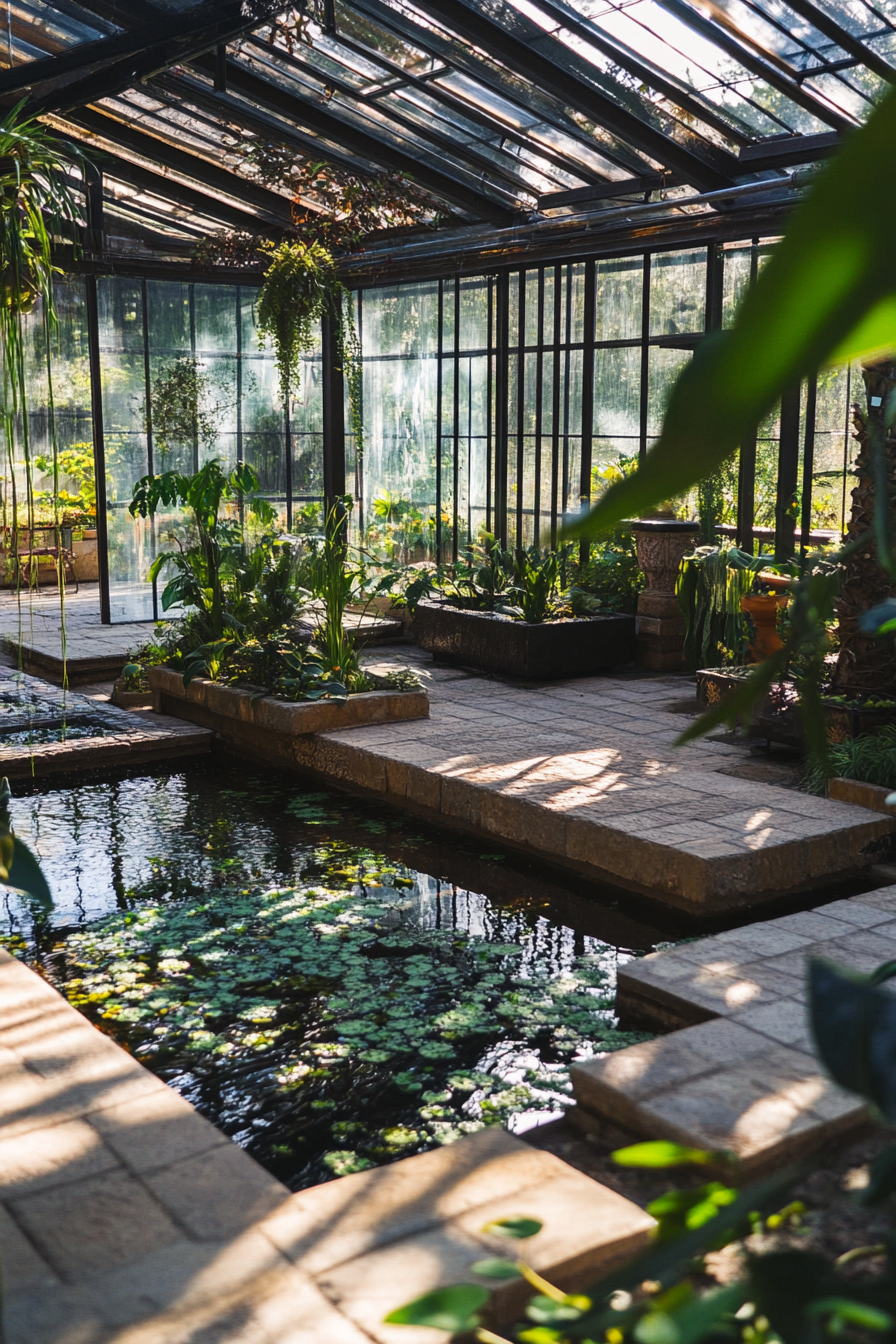 Wellness escape space. Greenhouse with tranquil water feature and puzzle station.