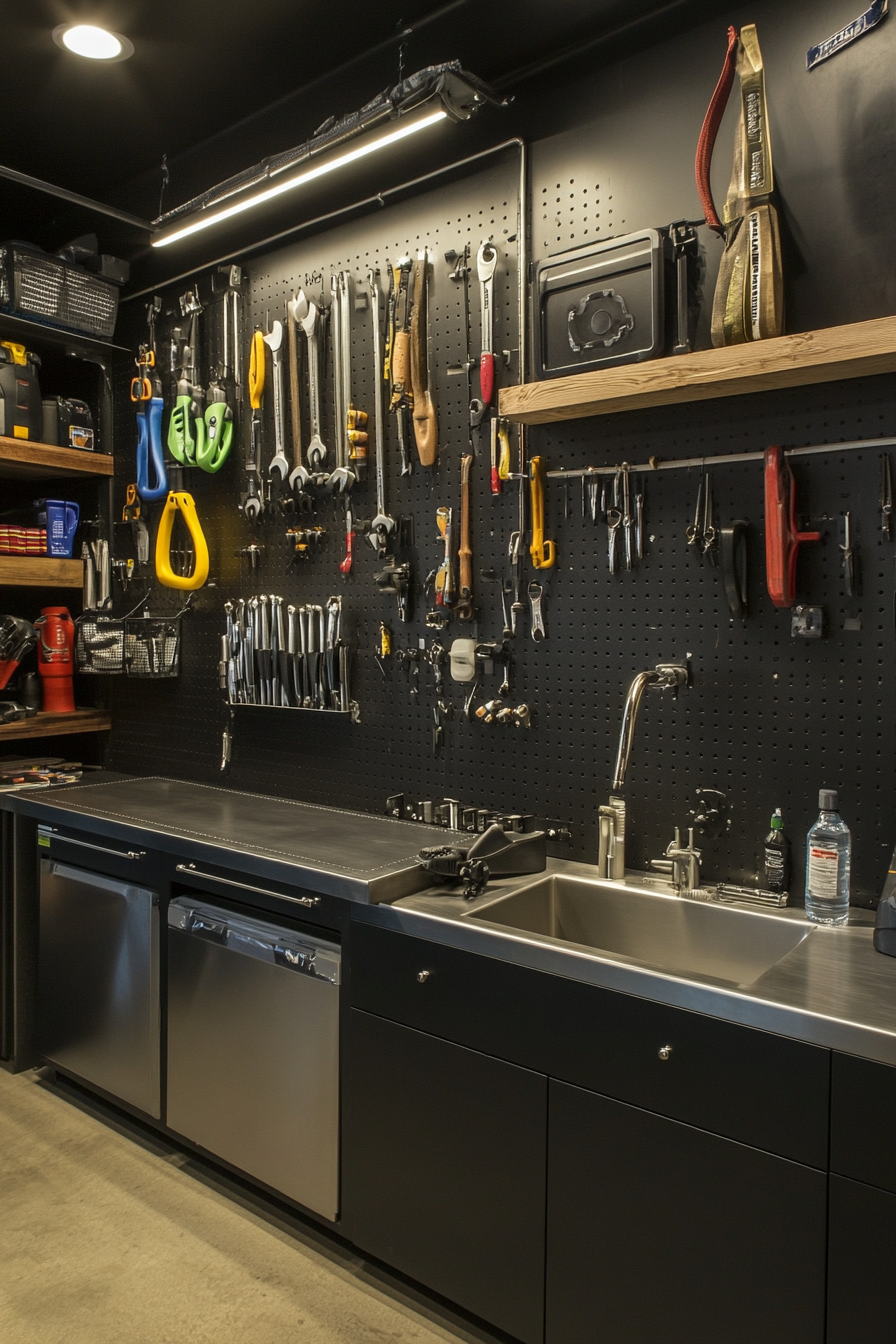 Technical Support Space. Wall mounted tool organizer with industrial wash station and parts inventory.