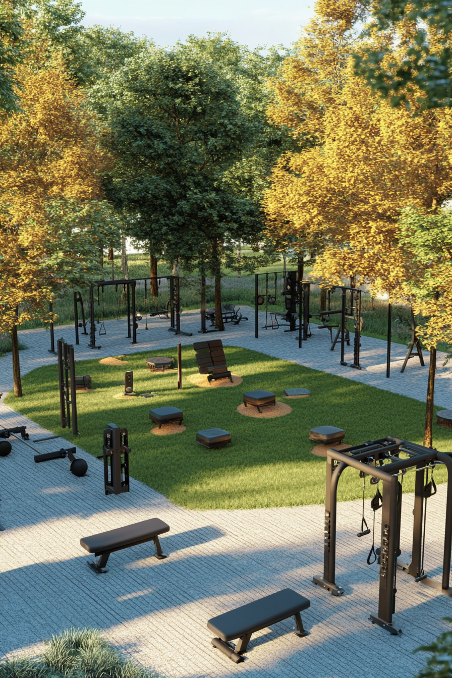 Outdoor gym design. Fitness equipment arranged around a central green space.