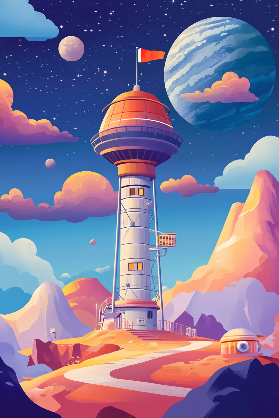 Adventure Launch Space scene. Weather station with waving flags and a radar dish.