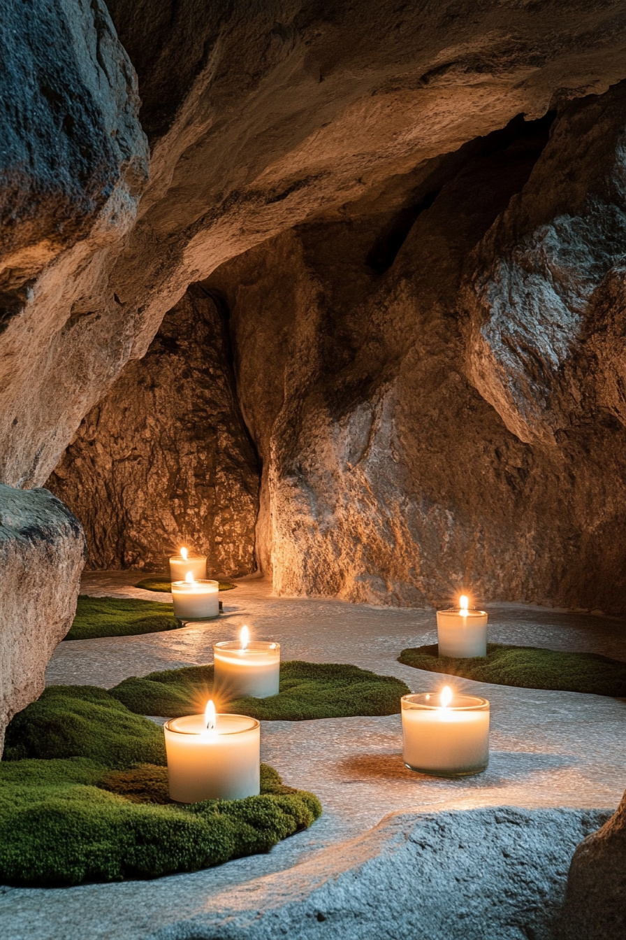 Mountain Wellness Space. Candle-lit granite meditation cave with moss floor accents.