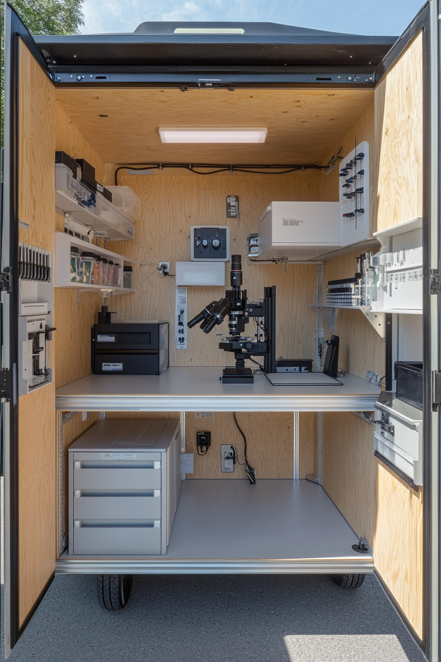 Research Mobile Space. Field lab with microscope and sample storage.