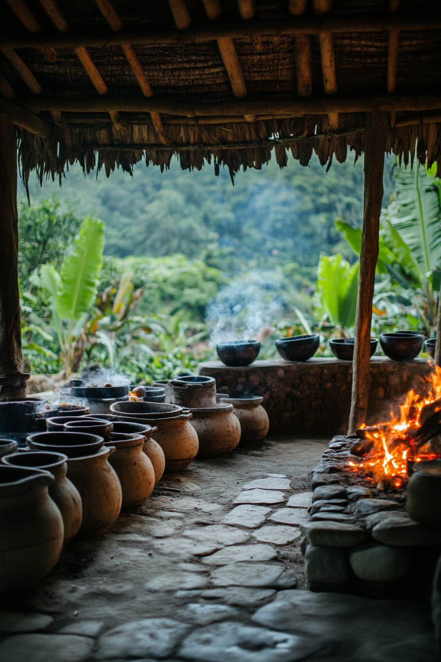 Social Cooking Space. Dirt-burnished communal pots stacked around a h Earthy fiery open hearth station.