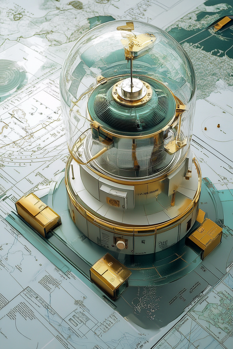 Coastal analysis space. An aerial view showing radar systems, weather charts, and a glass observatory.