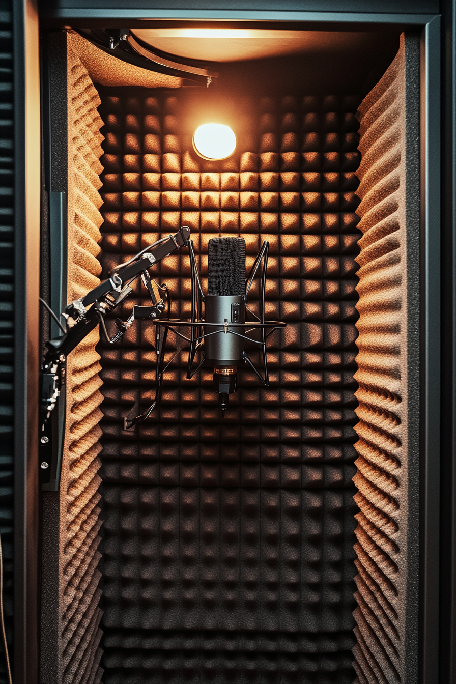 Mobile Studio Space. Sound-absorbing foam paneled recording booth with large cinema style broadcast microphone.