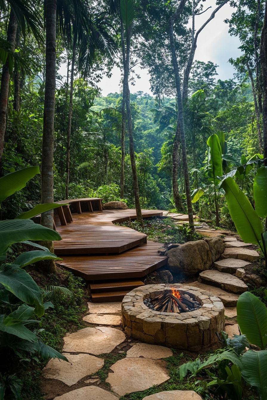 Jungle clearing space. Elevated wooden platforms, stone fire pit, parrot watching area.