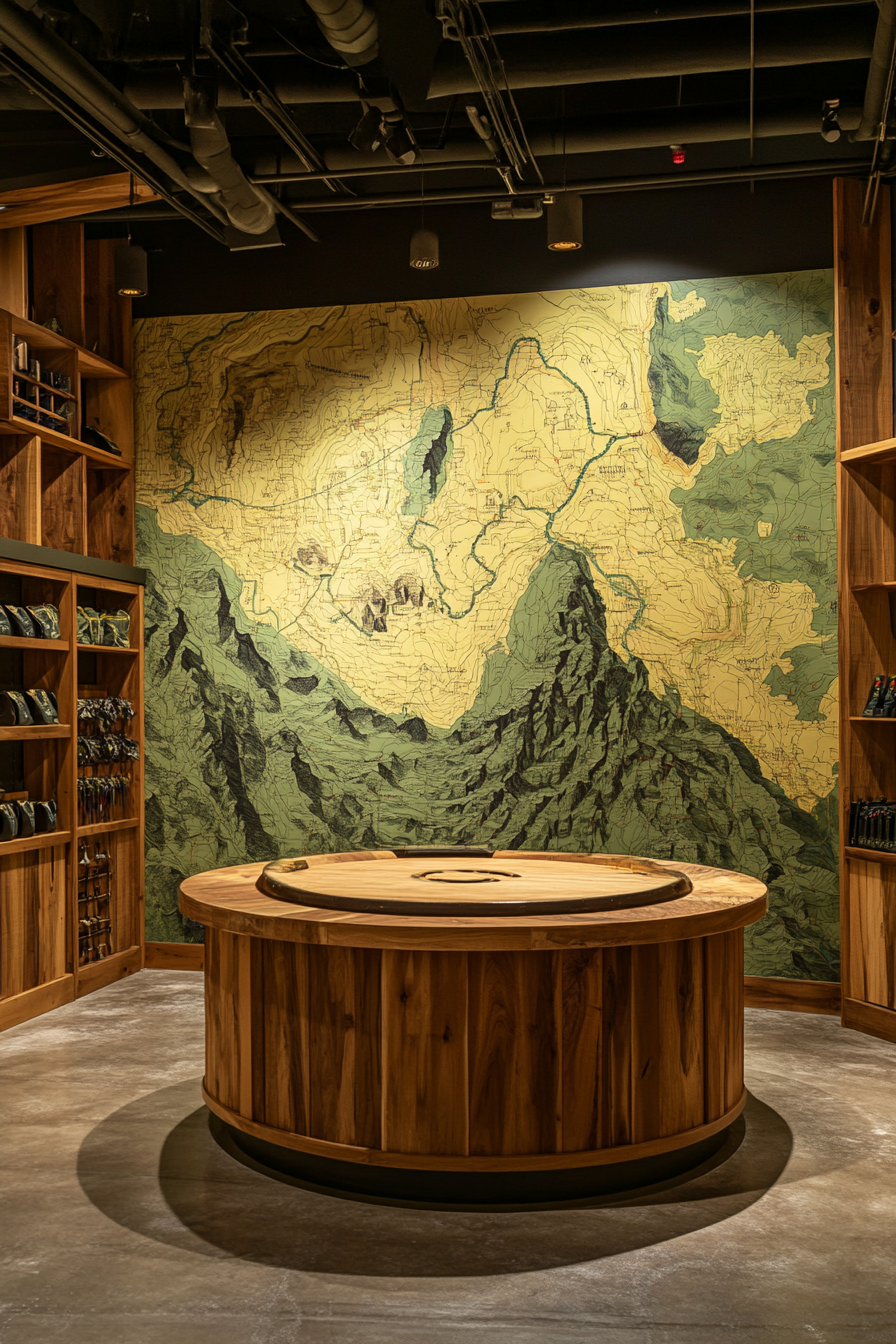 Mountain Community Space. Topographical maps mural, wooden cabinets filled with climbing gear, circular briefing table.